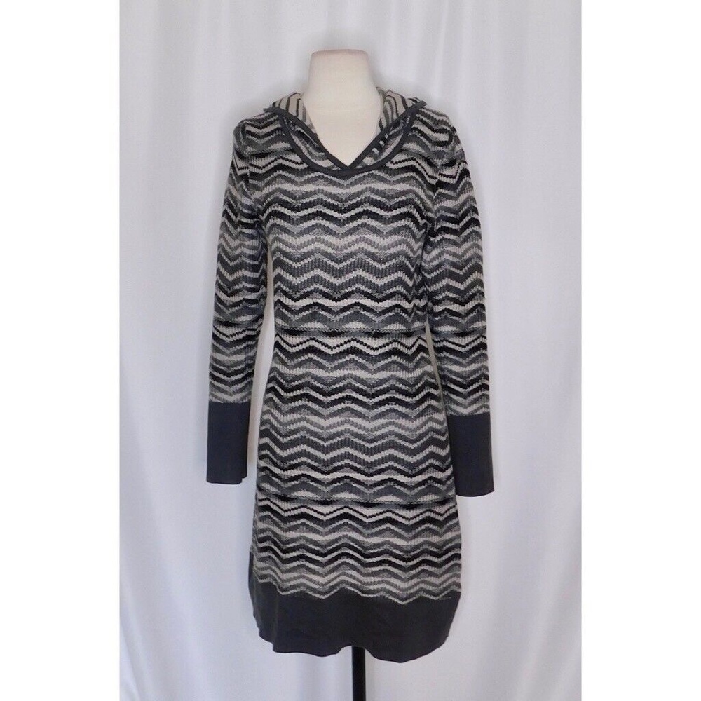 PRANA Meryl Hooded Sweater Dress Gray Chevron Stripes Knit Hoodie Medium - Picture 3 of 16